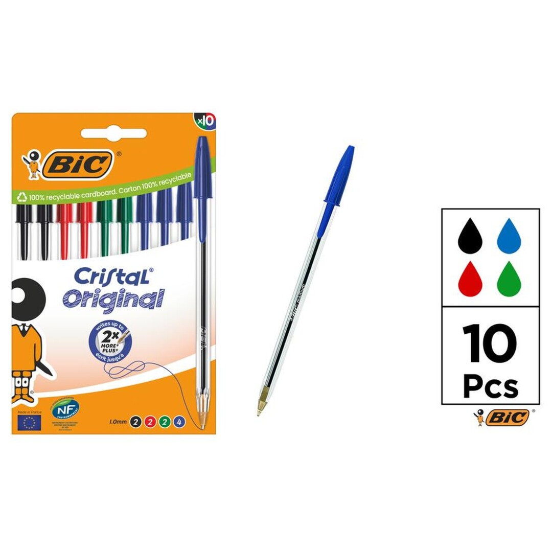 Bolígraf BIC Cristal Original Punta Mitjana 1,0 mm Pack 10 Unitats Multicolor
