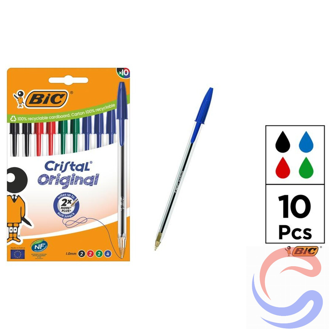 Bolígraf BIC Cristal Original Punta Mitjana 1,0mm Pack 10u - Negre/Vermell/Blau/Verd